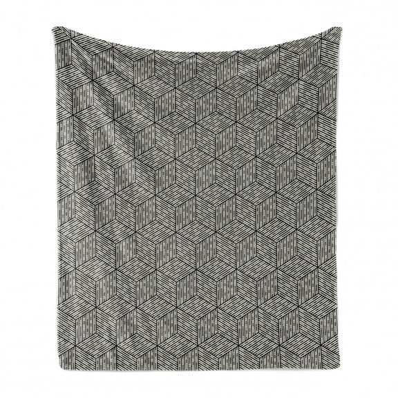 Geometric Soft Flannel Fleece Throw Blanket, Cubic Forms with Inner Abstract Stripes Modern Mosaic Design, Cozy Plush for Indoor and Outdoor Use, 50" x 70", Charcoal Grey and Ivory, by Ambesonne