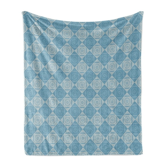 Geometric Soft Flannel Fleece Throw Blanket, Egyptian Motif with Symmetric Forms Artwork, Cozy Plush for Indoor and Outdoor Use, 50" x 70", Teal and Pale Yellow, by Ambesonne