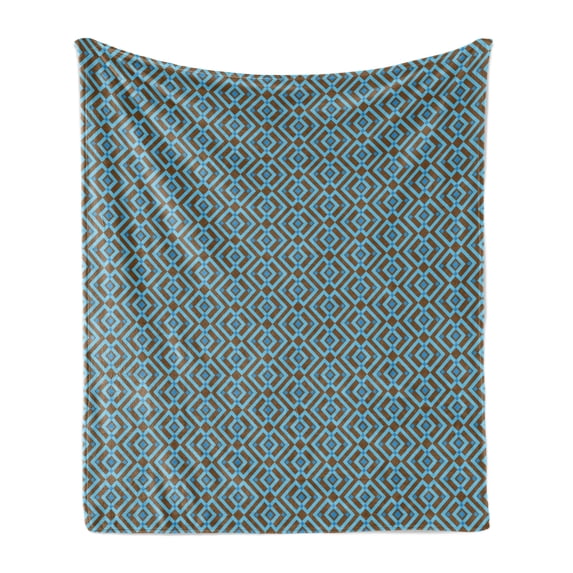 Geometric Soft Flannel Fleece Throw Blanket, Entwined Nested Vertical Square Pattern Chevron Abstract Artwork Print, Cozy Plush for Indoor and Outdoor Use, 50" x 60", Brown and Sky Blue, by Ambesonne