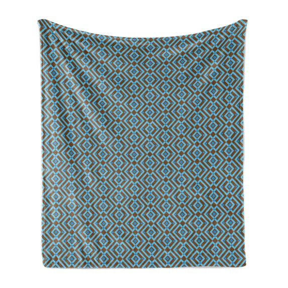 Geometric Soft Flannel Fleece Throw Blanket, Entwined Nested Vertical Square Pattern Chevron Abstract Artwork Print, Cozy Plush for Indoor and Outdoor Use, 70" x 90", Brown and Sky Blue, by Ambesonne