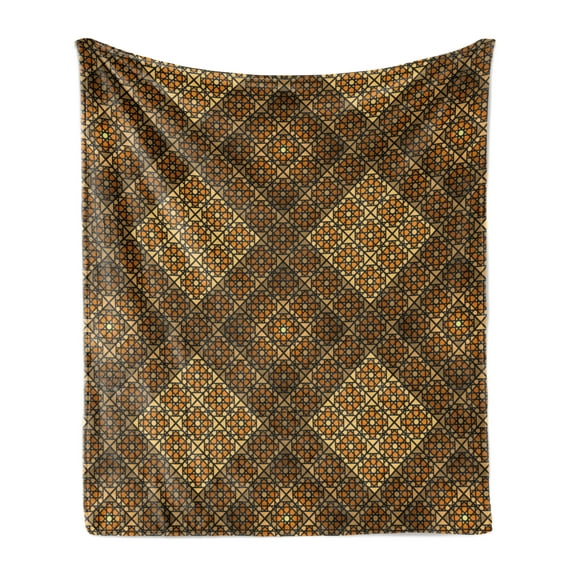 Geometric Soft Flannel Fleece Throw Blanket, Ethnic Mosaic Patterns with Stars Triangles and Squares Repetition, Cozy Plush for Indoor and Outdoor Use, 50" x 60", Pale Brown and Orange, by Ambesonne