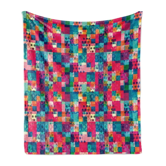 Geometric Soft Flannel Fleece Throw Blanket, Fashion Themed Italian Grunge Modern Color Contrast Squares with Dots Artwork, Cozy Plush for Indoor and Outdoor Use, 70" x 90", Multicolor, by Ambesonne