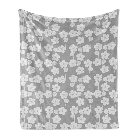 Geometric Soft Flannel Fleece Throw Blanket, Flower Patterned Monochrome Image Petals Bud and Stalks Vintage Foliage Design, Cozy Plush for Indoor and Outdoor Use, 50" x 60", Grey Beige, by Ambesonne
