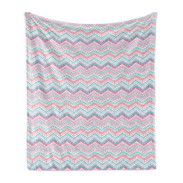 Geometric Soft Flannel Fleece Throw Blanket, Grungy Brush Stroked Dots Among Chevron Zigzag Striped Pattern, Cozy Plush for Indoor and Outdoor Use, 50" x 60", Pale Pink Aqua Pink, by Ambesonne