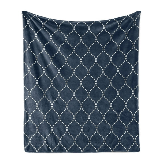 Geometric Soft Flannel Fleece Throw Blanket, Lattice Pattern with Dots and Curved Lines Abstract Traditional Motifs, Cozy Plush for Indoor and Outdoor Use, 50" x 70", Dark Blue Cream, by Ambesonne