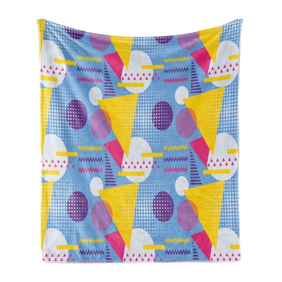 Geometric Soft Flannel Fleece Throw Blanket, Memphis Style Repetitive Pattern of Shapes in Modern Abstract Tones, Cozy Plush for Indoor and Outdoor Use, 50" x 60", Blue and Multicolor, by Ambesonne