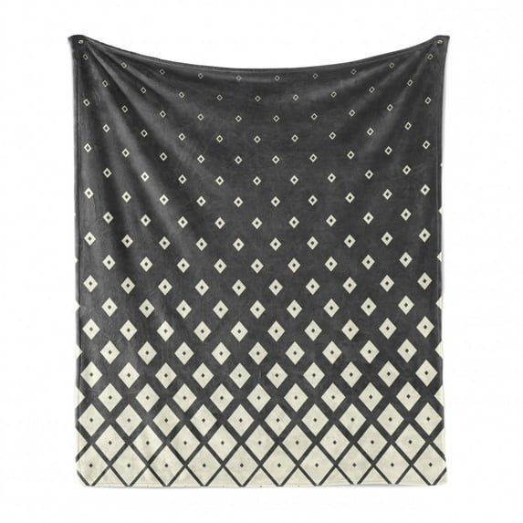 Geometric Soft Flannel Fleece Throw Blanket, Minimalist Big Little Squares with Inner Little Rhombus Pattern Futuristic, Cozy Plush for Indoor and Outdoor Use, 50" x 70", Grey Cream, by Ambesonne