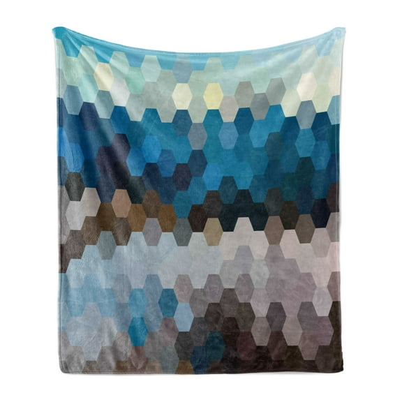 Geometric Soft Flannel Fleece Throw Blanket, Modern Hexagonal Fractal Puzzle Defocus Blurry Winter Landscape, Cozy Plush for Indoor and Outdoor Use, 70" x 90", Multicolor, by Ambesonne