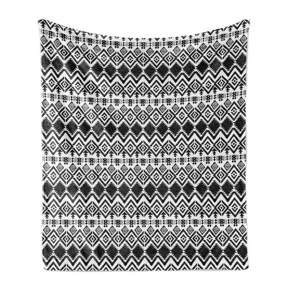 Geometric Soft Flannel Fleece Throw Blanket, Monochrome Hand Drawn Tribal Pattern Abstract Aztec Motifs Civilizations, Cozy Plush for Indoor and Outdoor Use, 60" x 80", Black White, by Ambesonne