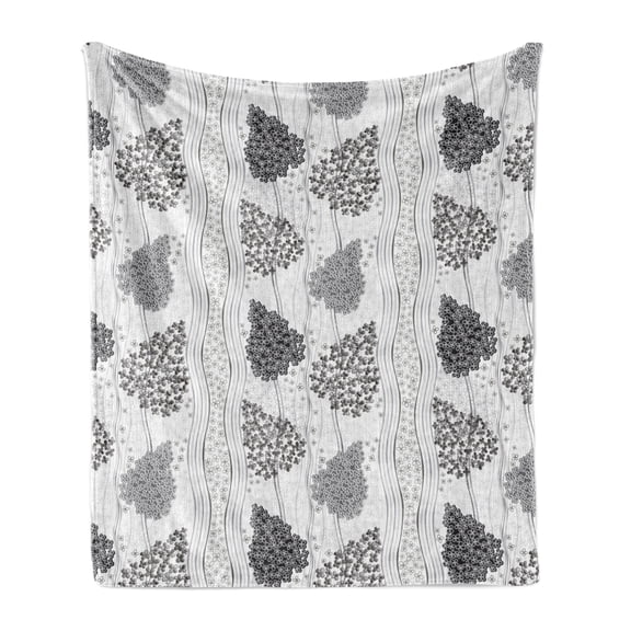 Geometric Soft Flannel Fleece Throw Blanket, Monochrome Style Floral Elements and Curly Stripes on Background, Cozy Plush for Indoor and Outdoor Use, 50" x 60", Pale Grey Charcoal Grey, by Ambesonne