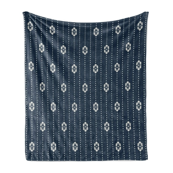 Geometric Soft Flannel Fleece Throw Blanket, Nature Flower Pattern with Connecting Dots Blossoming Floral Arrangement, Cozy Plush for Indoor and Outdoor Use, 50" x 70", Dark Blue Cream, by Ambesonne