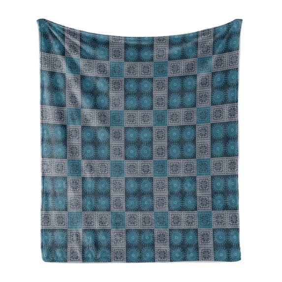 Geometric Soft Flannel Fleece Throw Blanket, Old Fashioned Lace Style Floral Motifs Victorian Baroque Effects, Cozy Plush for Indoor and Outdoor Use, 70" x 90", Petrol Blue Pale Blue, by Ambesonne