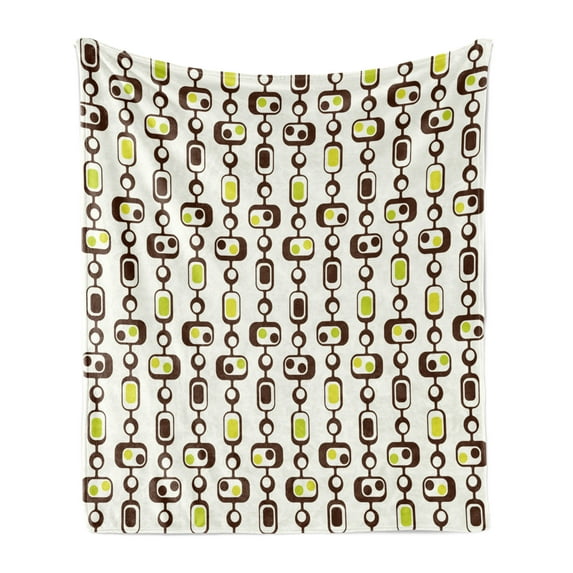 Geometric Soft Flannel Fleece Throw Blanket, Old Fashioned Retro Circles and Rectangles Line Design, Cozy Plush for Indoor and Outdoor Use, 50" x 60", Brown Apple Green, by Ambesonne