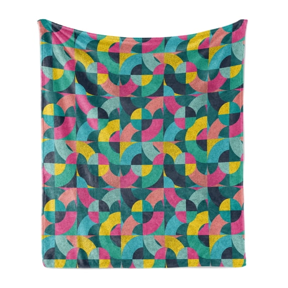 Geometric Soft Flannel Fleece Throw Blanket, Patchwork Inspired Half Arc Shaped Colorful Curved Stripes in Grunge Style, Cozy Plush for Indoor and Outdoor Use, 50" x 70", Multicolor, by Ambesonne