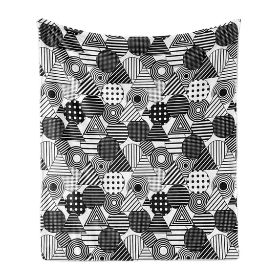 Geometric Soft Flannel Fleece Throw Blanket, Repetitive Abstract Circles Triangles in Monochrome Tone Illustration, Cozy Plush for Indoor and Outdoor Use, 70" x 90", Charcoal Grey White, by Ambesonne
