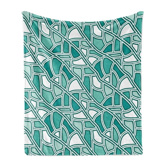 Geometric Soft Flannel Fleece Throw Blanket, Retro Style Tile Pattern Illustration of Solid Elements Art Print, Cozy Plush for Indoor and Outdoor Use, 60" x 80", Dark Seafoam and White, by Ambesonne