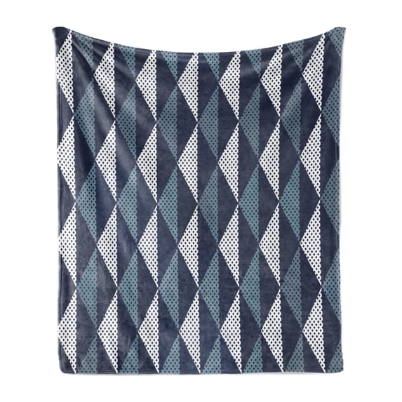 Geometric Soft Flannel Fleece Throw Blanket, Rhombuses and Dots Composition of Abstract Shapes Retro Revival, Cozy Plush for Indoor and Outdoor Use, 70" x 90", Bluegrey Dark Blue White, by Ambesonne