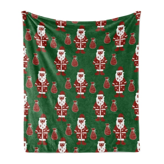 Geometric Soft Flannel Fleece Throw Blanket, Santa Claus Holding Present Bag on Vibrant Background Happiness, Cozy Plush for Indoor and Outdoor Use, 70" x 90", Green Ruby White, by Ambesonne