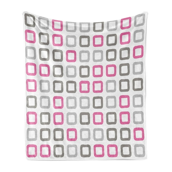 Geometric Soft Flannel Fleece Throw Blanket, Square Frames in Vintage Colors Geometric Pale Toned Illustration, Cozy Plush for Indoor and Outdoor Use, 70" x 90", Pink White Grey, by Ambesonne