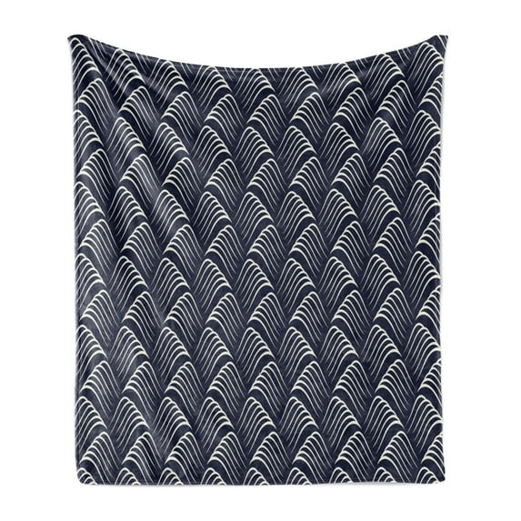 Geometric Soft Flannel Fleece Throw Blanket, Vintage Ocean Waves Design with Swirled Ripples Ancestral Ornate Nautical, Cozy Plush for Indoor and Outdoor Use, 50" x 70", Dark Blue Cream, by Ambesonne