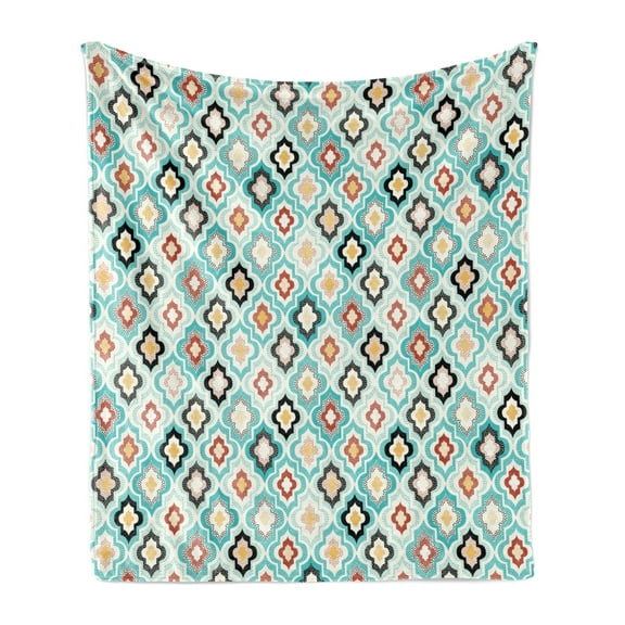 Geometric Soft Flannel Fleece Throw Blanket, Vintage Ottoman Style Floral Design with Old Fashion Heraldic Tiles Image, Cozy Plush for Indoor and Outdoor Use, 60" x 80", Aqua, by Ambesonne