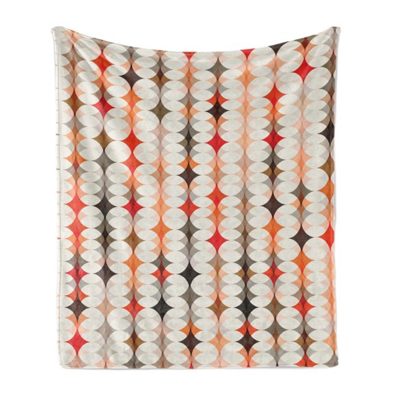 Geometric Soft Flannel Fleece Throw Blanket, Vintage Oval Pattern with Radiant Tone Effects Mosaic Illustration, Cozy Plush for Indoor and Outdoor Use, 70" x 90", Orange Peach Red, by Ambesonne