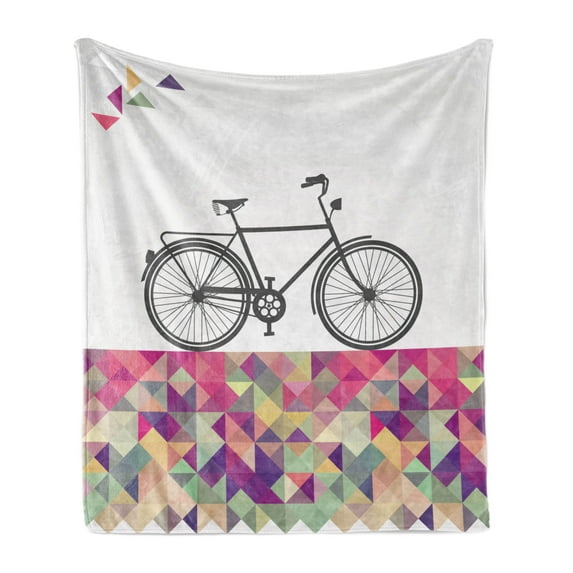 Geometric Soft Flannel Fleece Throw Blanket, Vintage Style Bike over Multicolor Diamond Shaped Backdrop Triangles Hipster, Cozy Plush for Indoor and Outdoor Use, 60" x 80", Multicolor, by Ambesonne