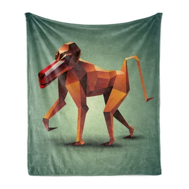 Geometric Soft Flannel Fleece Throw Blanket, Wildlife Vector Illustration of Polygonal Monkey Baboon Artwork Print, Cozy Plush for Indoor and Outdoor Use, 60" x 80", Orange Forest Green, by Ambesonne