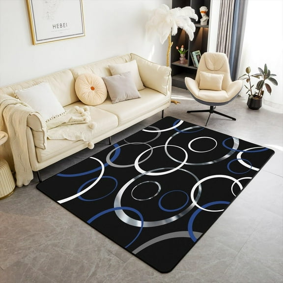Geometric Soft Rugs,Modern Abstract Navy Sliver Circles Swirls Non-Slip Rugs For Playroom Bedroom Decor,Simple Style Black Indoor Mat Rug 3x5ft