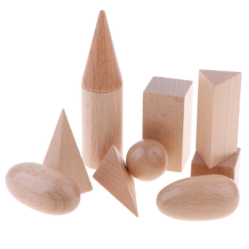 Geometric Solids Montessori Blocks - Set of 10 - Wooden 3D Shapes - Early Math Manipulative and Geometry for Kids
