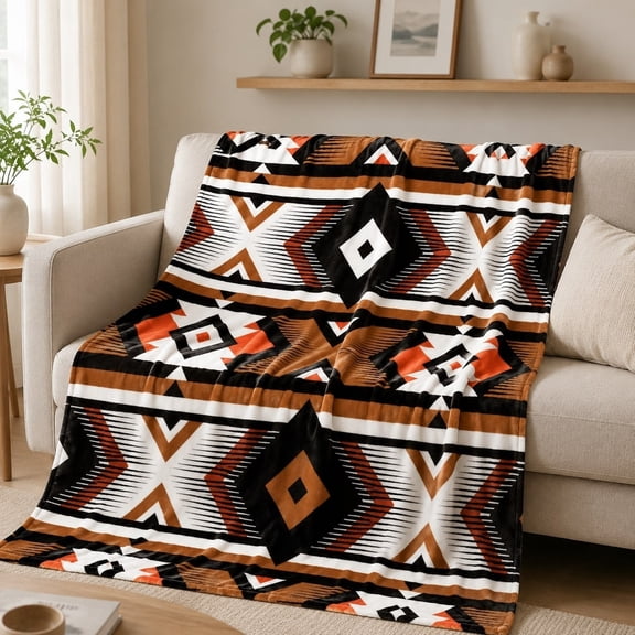 Geometric Southwestern Print Fleece Throw Blanket, Soft 280 Gsm Polyester, Western Farmhouse Decor for Couch, Sofa & Bed