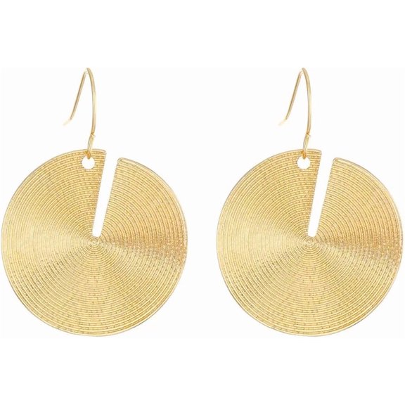 Geometric Spiral Disc Dangle Earrings, Gold Tone, Ample Round Drop Design[u922]