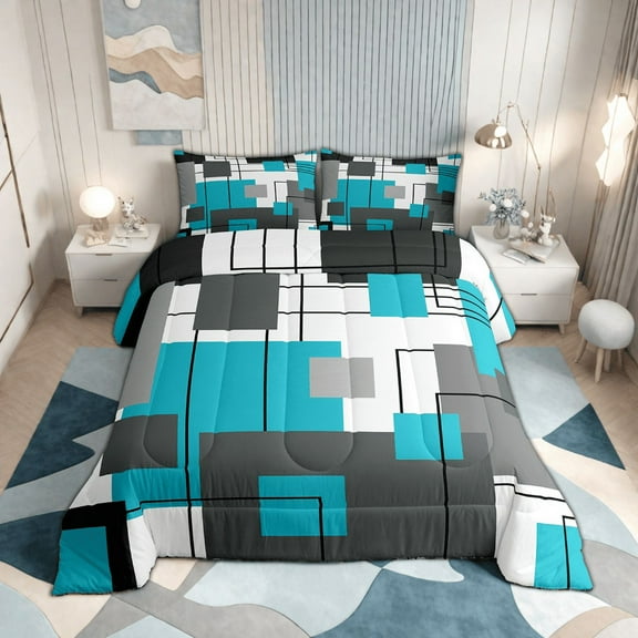 Geometric Square Down Comforter Queen Teal Grey Bedding Set Black Gray Turquoise Geometry Comforter Set Teen Adults Modern Abstract Lines Quilt Rustic Farmhouse Room Decor 2 Pillow Cases