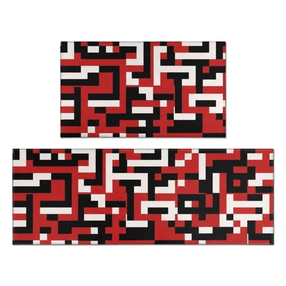 Geometric Square Red Pattern Anti Fatigue Kitchen Rugs Set Of 2, Non Slip Washable Decorative Floor Mats for Kitchen Sink Laundry, 17"x30" and 17"x47"