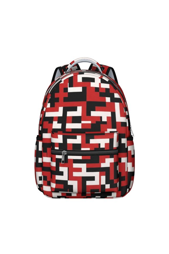 Geometric Square Red Pattern Backpack for School, Cute School Bag with Adjustable Shoulder Straps and Padded Back, 15.3"x11"x7.1"