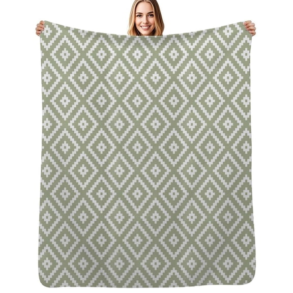 Geometric Square Textured Sage Green Flannel Blankets Soft Throw Blanket Winter Travel Office Outdoor Bedspread