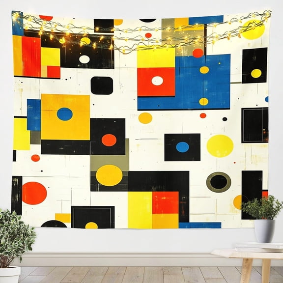 Geometric Squares Kids Tapestry,Abstract Colorful Circles Retro Fashion Wall Tapestries,Boys Girls Room Decor,Geometric Grids Patch Wall Hanging,Beige Home Wall Decor,Small 51.2 x 59.1 Inches