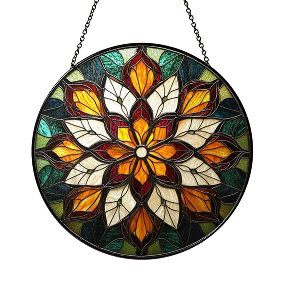 Geometric Stained Glass Window Panel, Intricate Amber and Ivory Pattern Design with Symmetrical Shapes for Decorative Home Window Display