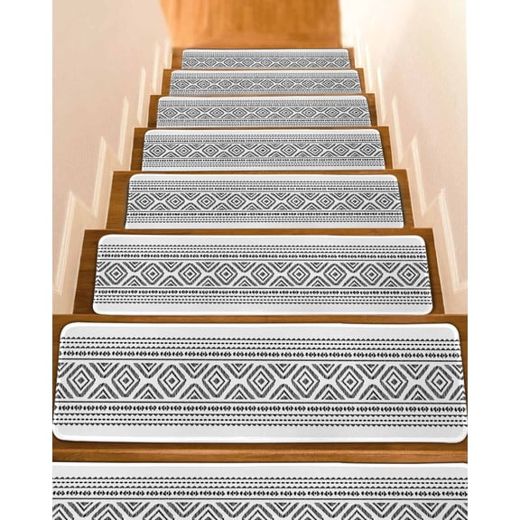 Geometric Stair Treads for Wooden Steps Indoor Runner Rug Carpet, Black White Boho Stripe Retro Patterned Texture 4 Pieces Peel and Stick Staircase Step Treads Covers Washable Throw Door Mats, 30"x8"