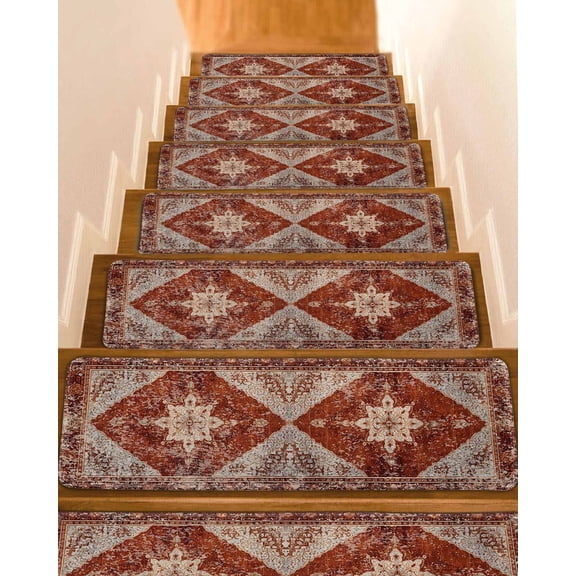 Geometric, Stair Treads for Wooden Steps Indoor Runner Rug Carpet, Retro Classic Historical Oriental Painting 4 Pieces Peel and Stick Staircase Step Treads Covers Washable Throw Door Mats, 30"x8"