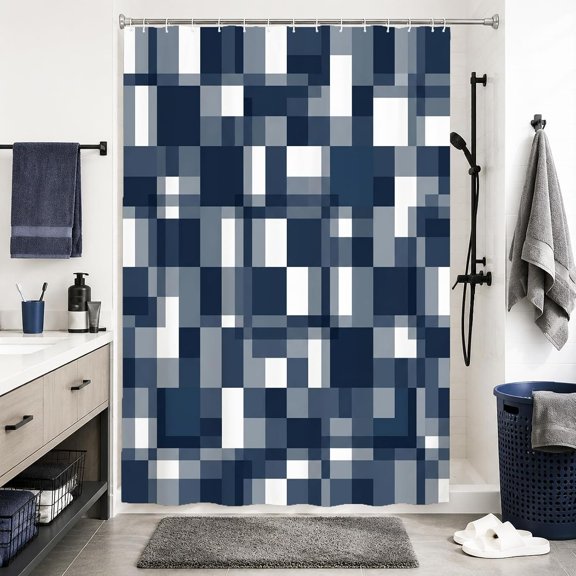 Geometric Stall Shower Curtain, Modern Square Rectangle Bath Curtain, Navy Bathroom Decor, Waterproof Polyester Fabric with Hooks 36"W x 72"H