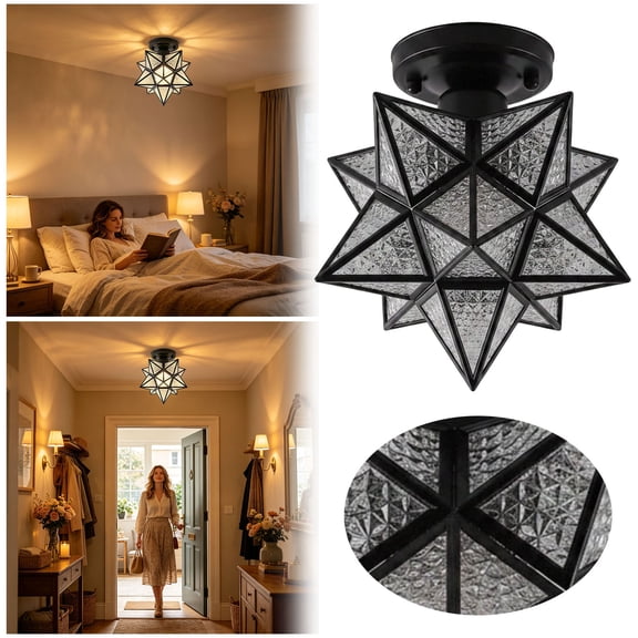Geometric Star Glass Flush Mount Ceiling Light Black Metal Frame Textured Glass Shade Farmhouse Hallway Bedroom Entryway Indoor Ambient Lighting Decor Fixture
