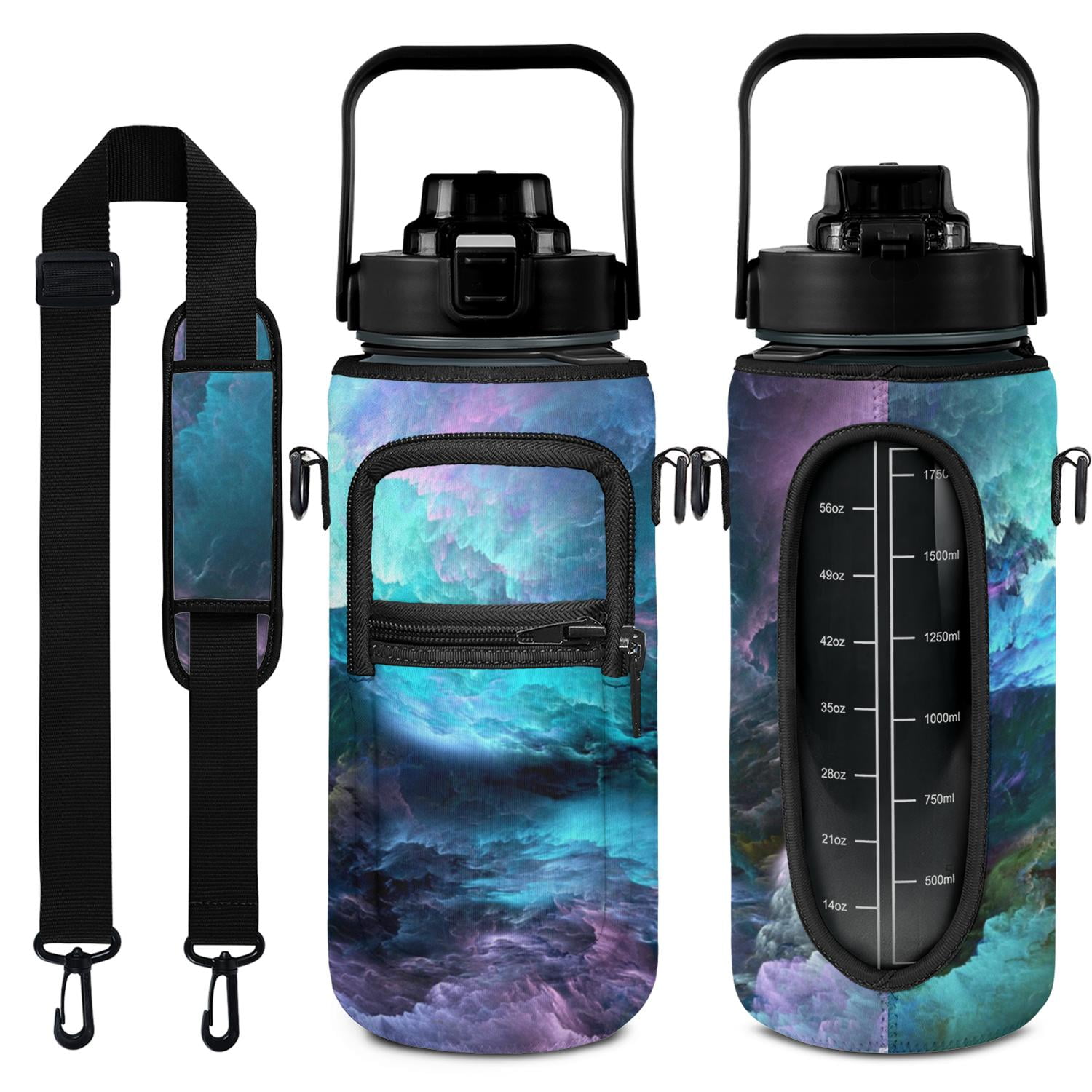 Geometric Starry Sky Purple 64 Oz Water Bottle with Sleeve - BPA Free Leakproof Sport Large Plastic Water Bottle with Straw Strap & Insulated Neoprene Holder Carrier Bag Great Gift for Women Men