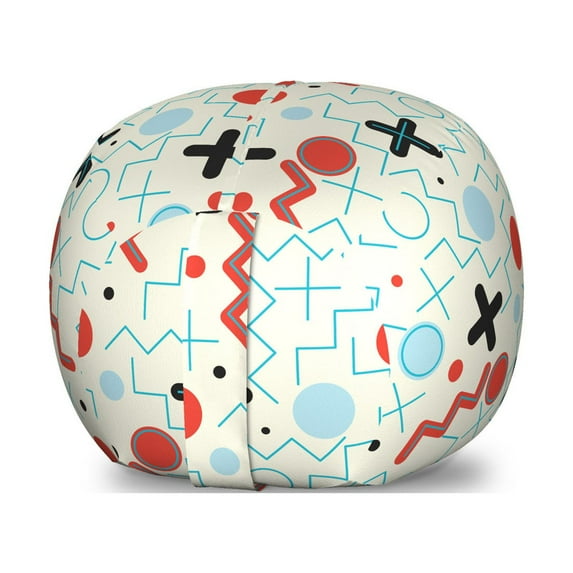 Geometric Storage Toy Bag Chair, Circle Zig Zag Waves Mathematical Forms Lifestyle Illustration, Stuffed Animal Organizer Washable Bag, Small Size, Pale Blue Cream Red, by Ambesonne