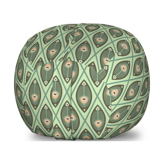 Geometric Storage Toy Bag Chair, Graphic Peacock Feathers Pattern in Pastel Color Nostalgic Culture, Stuffed Animal Organizer Washable Bag, Large Size, Pistachio Green Tan, by Ambesonne