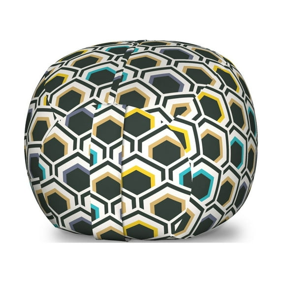 Geometric Storage Toy Bag Chair, Overlapping Hexagonal Shapes with Retro Colored Chevron Elements Tile, Stuffed Animal Organizer Washable Bag, Small Size, Black Sky Blue Yellow, by Ambesonne