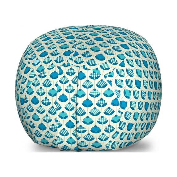 Geometric Storage Toy Bag Chair, Retro Inspired Pattern with Circular Floral Motif, Stuffed Animal Organizer Washable Bag, Large Size, Sea Blue Dark Turquoise, by Ambesonne