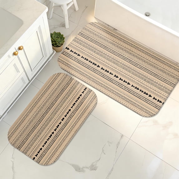 Geometric Stripe Beige Pattern 2 Piece Flannel Bathroom Rug Set ...