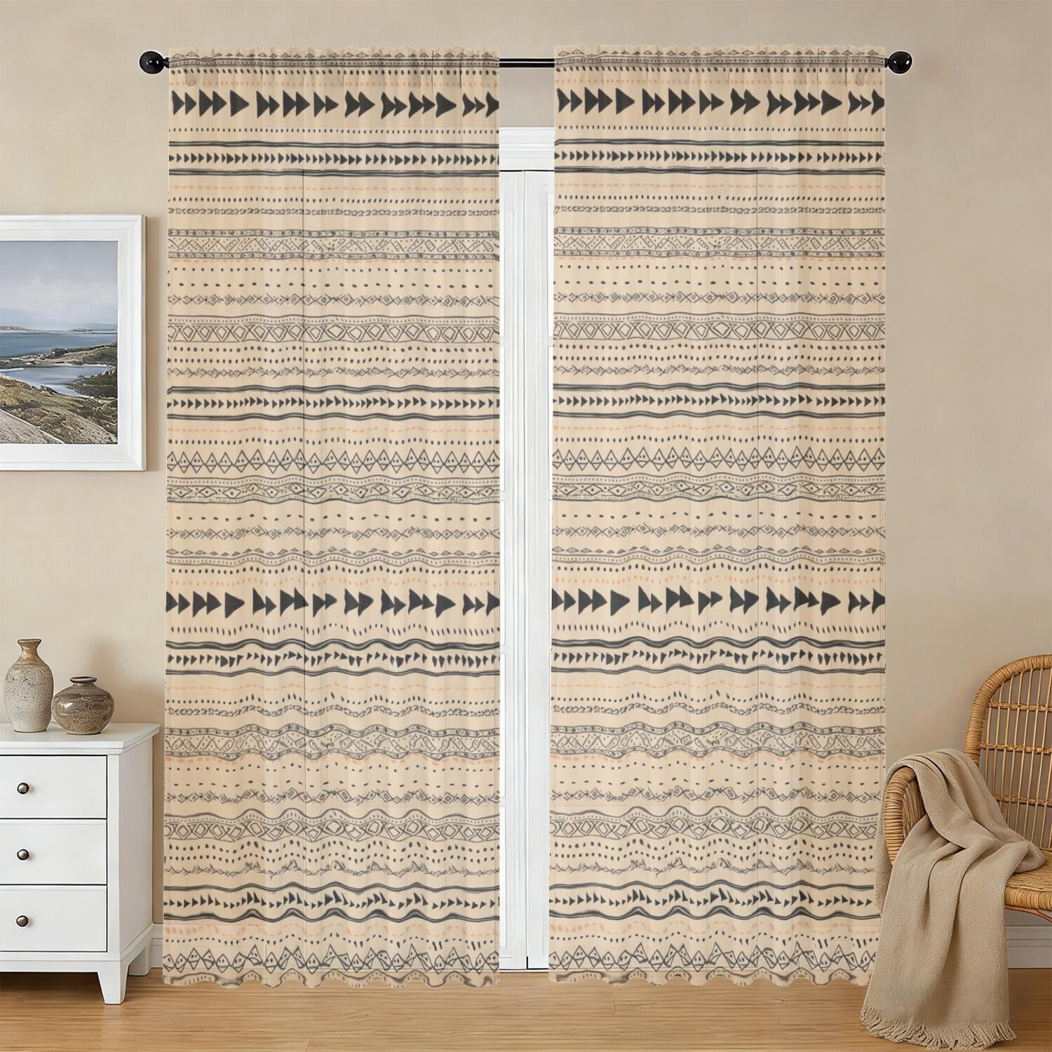 Geometric Stripe Beige Pattern Sheer Curtains, Voile Drapes with Dual ...
