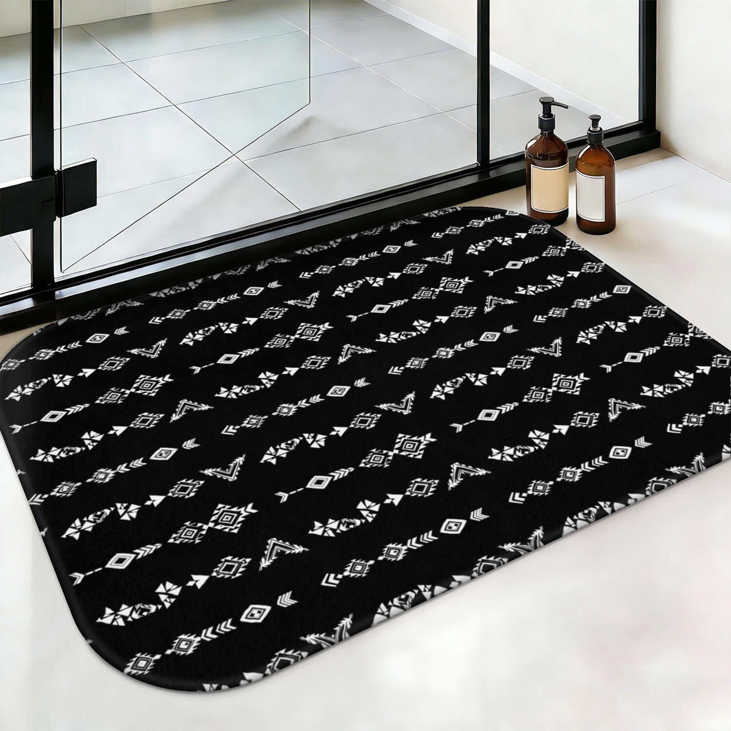 Geometric Stripe Black Pattern Non-Slip Bath Mat, Bedroom Area Mat with ...